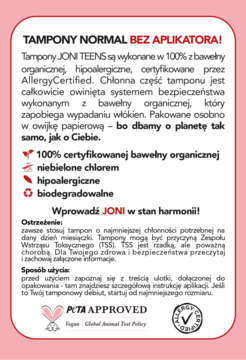 Różowa ulotka tamponów JONI TEENS Normal bez aplikatora: opis produktu, organiczna bawełna, hipoalergiczne, PETA.