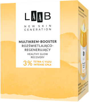 Multikrem-Booster AA Laab Tetra-C Yuzu rozświetlająco-regenerujący. Żółto-białe opakowanie, widok z przodu.