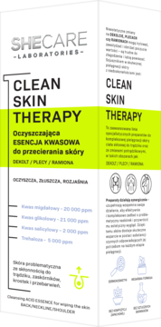 Białe opakowanie Shecare Clean Skin Therapy, esencja kwasowa do ciała na trądzik i przebarwienia, widok z przodu.