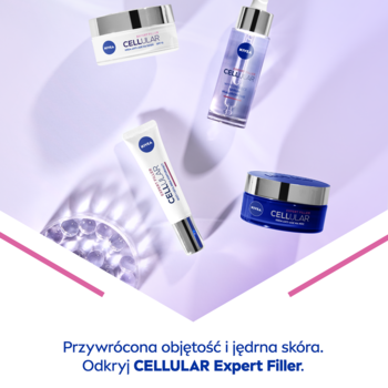 Zestaw NIVEA Cellular Expert Filler: biało-niebieskie słoiki, fioletowe serum i tubka kremu na jasnym tle, widok z góry.