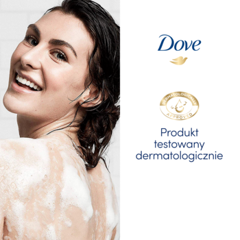Uśmiechnięta kobieta z pianą na plecach, logo Dove, Produkt testowany dermatologicznie, balsam Body Love.