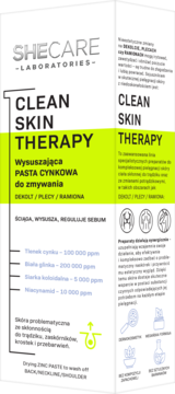 Shecare Clean Skin Therapy, wysuszająca pasta cynkowa w białym opakowaniu z zielonym akcentem, widok z przodu.