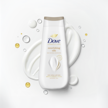 Biała butelka nawilżającego żelu Dove Nourishing Silk z kremowo-złotą nakrętką, otoczona kroplami, widok z góry.