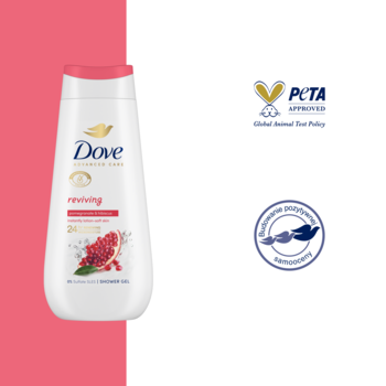 Żel pod prysznic Dove Advanced Care Reviving, biała butelka z różowym topem i granatem, PETA Approved.