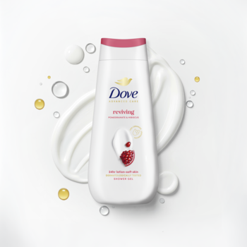 Biały żel pod prysznic Dove Advanced Care Reviving, z ekstraktem granatu, na białym tle z kremowymi smugami.