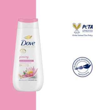 Wegański żel pod prysznic Dove Advanced Care Glowing, biała butelka z różowym kwiatem lotosu i logo PETA.