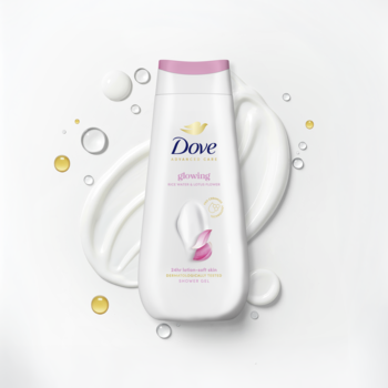 Nawilżający żel Dove Advanced Care Glowing, biała butelka z różową nakrętką, na białym tle z kremowymi smugami.
