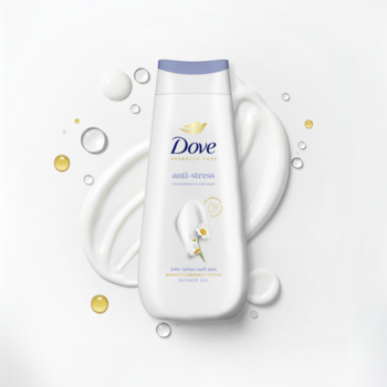Biały żel pod prysznic Dove Advanced Care Anti-Stress z nutami rumianku, na białym tle z kremową smugą.