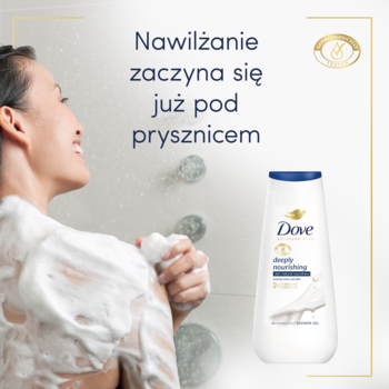 Kobieta pod prysznicem, obok biała butelka żelu Dove Advanced Care Deeply Nourishing, intensywnie nawilżającego.