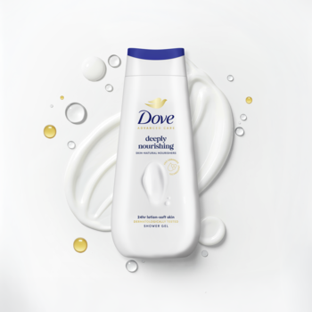 Biała butelka żelu Dove Advanced Care Deeply Nourishing z niebieską nakrętką, na białym kremie z kroplami.