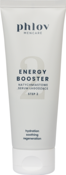 Phlov Mencare Energy Booster serum po goleniu w białej tubce, widok z przodu, napisy hydration, soothing.