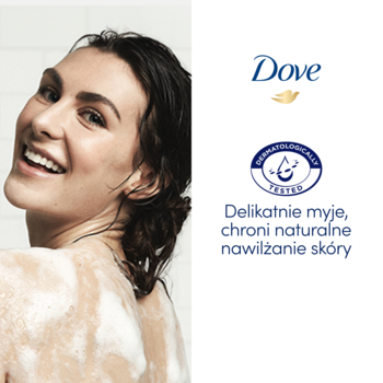 Kobieta używająca żelu pod prysznic Dove Petal Soft; na białym tle logo Dove i tekst o nawilżaniu.