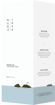 Round Lab 1025 Dokdo Toner, białe opakowanie z opisami i morską grafiką, widok rozłożony.