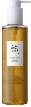 Beauty of Joseon Ginseng Cleansing Oil, bursztynowy olejek w butelce z pompką, widok z przodu, biała etykieta.