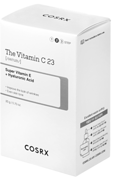 Białe pudełko serum Cosrx The Vitamin C 23 z czarnymi napisami, widok z przodu, lekko z boku.