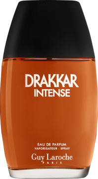 Drakkar Intense Guy Laroche, bursztynowa, intensywna męska woda perfumowana, czarny korek, widok z przodu.