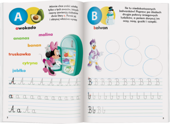 Kolorowy zeszyt ćwiczeń Disney Uczy, otwarty na nauce liter A i B, ćwiczenia pisania po śladzie, z Myszką Minnie i Donaldem.