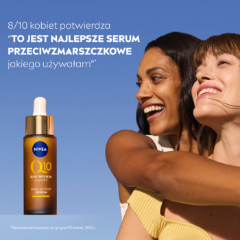 NIVEA Q10 serum przeciwzmarszczkowe w bursztynowej butelce z zakraplaczem, obok roześmiane kobiety. 8/10 poleca.