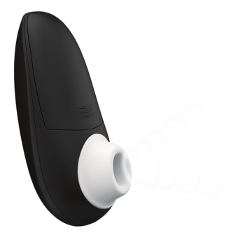 Womanizer Mini 2, czarny kompaktowy stymulator, widok z boku, z białą końcówką i promieniami powietrza.
