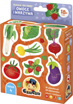 Kolorowe puzzle CzuCzu Owoce i Warzywa, zestaw dla maluchów, z ilustracjami pomidora, malin, buraka, widok z przodu.