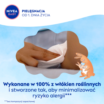 NIVEA BABY Chusteczki Soft & Cream, niebieskie tło. Dłoń czyści pupę dziecka, 100% włókien roślinnych.