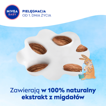 Grafika NIVEA BABY: biała kremowa substancja z migdałami na niebieskim tle, podkreślająca ekstrakt z migdałów.