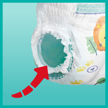 Pampers Active Baby Pants r.4, zbliżenie na elastyczną ochronną osłonkę nogawki, czerwona strzałka.