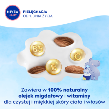 NIVEA BABY: grafika z migdałami i witaminami B5, C, E na białej chmurce. Promocja olejku migdałowego.