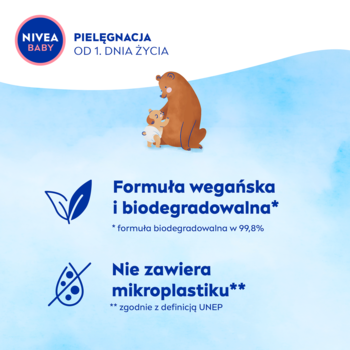 NIVEA Baby, błękitny obrazek: niedźwiedź z małym misiem, podkreśla wegańską formułę bez mikroplastiku.