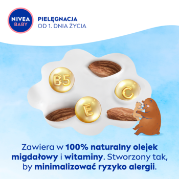 NIVEA BABY: grafika z migdałami i witaminami B5, C, E dla delikatnej skóry, minimalizująca ryzyko alergii.
