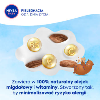 NIVEA BABY krem z naturalnym olejkiem migdałowym i witaminami B5, C, E. Od 1. dnia, minimalizuje ryzyko alergii.