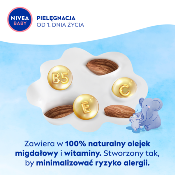 Nivea Baby: grafika olejku migdałowego z witaminami B5, C, E i słonikami, dla delikatnej skóry.