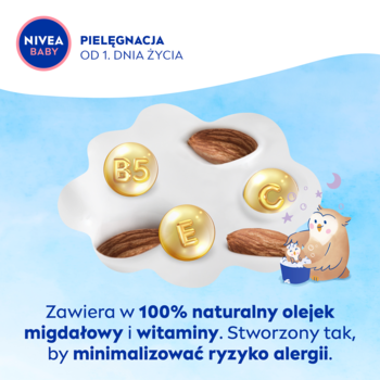 NIVEA BABY: Biała chmura z migdałami i witaminami B5, C, E na tle nieba. Ilustruje skład pielęgnacji.