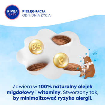 NIVEA BABY krem od 1. dnia: migdały, witaminy B5 i E w grafice, z misiem. Chroni, minimalizuje alergie.