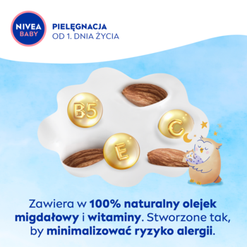 NIVEA BABY: grafika z migdałami i witaminami B5, C, E dla delikatnej skóry dziecka.