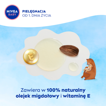 NIVEA BABY: Olejek migdałowy i witamina E na tle chmur, z migdałem, kroplą E, misiem. Pielęgnacja.