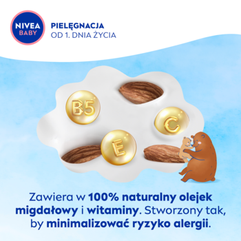 NIVEA BABY: Biały krem z migdałami i witaminami B5, C, E. Pielęgnacja dla delikatnej skóry, od 1. dnia.