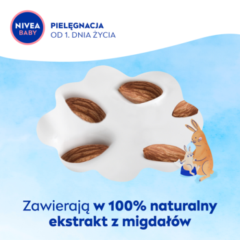 NIVEA BABY: biała tekstura z migdałami na niebieskim tle, symbol 100% naturalnego ekstraktu z migdałów.