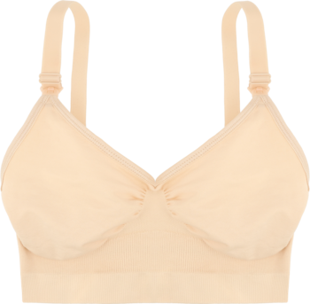 Beżowy biustonosz laktacyjny, bezszwowy, z łatwym zapięciem na klips i elastycznym materiałem. Widok z przodu.