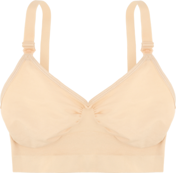 Beżowy biustonosz laktacyjny L, miękki, bez fiszbin, z regulowanymi ramiączkami, widok z przodu.