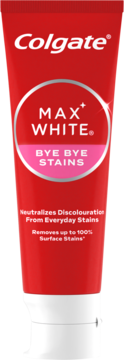 Czerwona tubka pasty Colgate Max White Bye Bye Stains, wybielająca i usuwająca przebarwienia, widok z przodu.