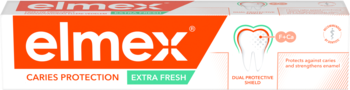 Białe opakowanie pasty Elmex Caries Protection Extra Fresh z dużym pomarańczowym logo, widok z przodu, ochrona przed próchnicą.