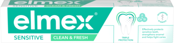 Przednie ujęcie pudełka pasty Elmex Sensitive Clean & Fresh. Biało-turkusowe opakowanie z logo i zarysem zęba.