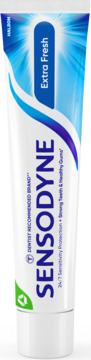 Sensodyne Extra Fresh, biała tubka pasty do zębów. Widok z przodu, niebieskie fale i logo, napis '24/7 Sensitivity'.