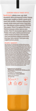 Biało-pomarańczowa tuba Kolastyna Ochronny krem do twarzy SPF 50, tył z listą składników i instrukcją użycia.