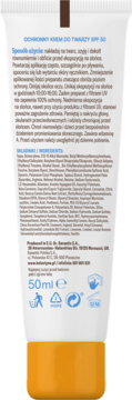 Tył białej tubki kremu ochronnego Kolastyna SPF 50 z pomarańczową nakrętką. Widoczne składniki i instrukcje.