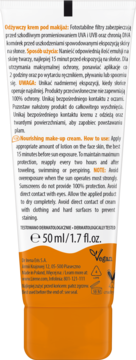Tył pomarańczowej tubki odżywczego kremu SPF 30 pod makijaż, 50 ml, z instrukcjami i logo Vegan.