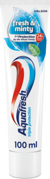 Aquafresh Triple Protection pasta do zębów 100 ml, biała tuba z niebiesko-czerwonymi paskami, widok z przodu.