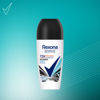 Rexona Advanced Protection Invisible Aqua 72h antyperspirant w kulce, biała butelka z czarną nakrętką, widok z przodu na turkusowym tle.