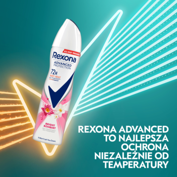 Butelka antyperspirantu Rexona Advanced Protection Bright Bouquet 72h, widok z przodu, na tle neonowych linii.